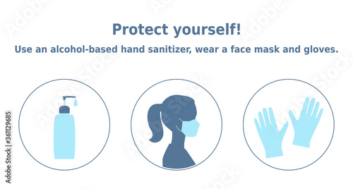 Vector illustration 'Protect yourself! Use an alcohol-based hand sanitizer, wear a face mask and gloves'. 3 icons set. Personal protective equipment items. Infographic for health posters and banners.