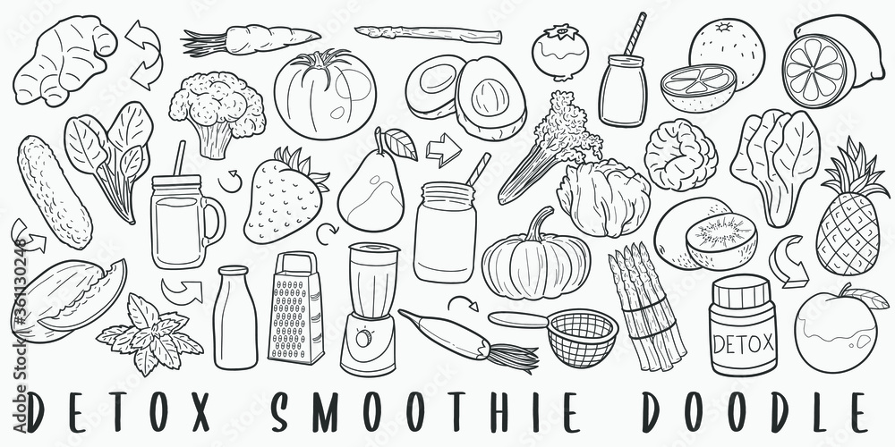 Detox Smoothie Nutrition Doodle Line Art Illustration. Hand Drawn Vector Clip Art. Banner Set Logos.