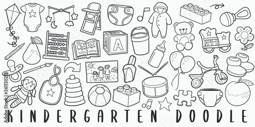 Kindergarten Baby Doodle Line Art Illustration. Hand Drawn Vector Clip Art. Banner Set Logos.