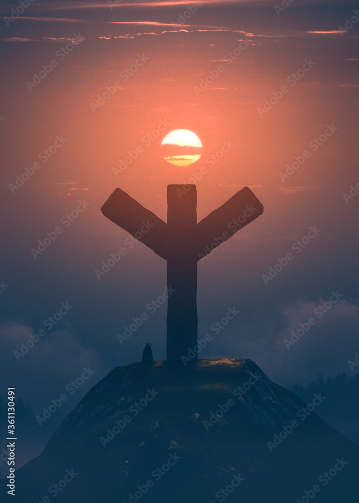 Wizard on a nordic hill under a big rock with the shape of Algiz rune ...