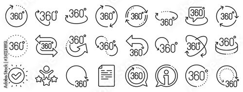 Rotate arrow, VR panoramic simulation and augmented reality. 360 degree line icons. 360 degree virtual gaming, abstract geometry, full rotation view icons. Vr tour, game reality. Vector