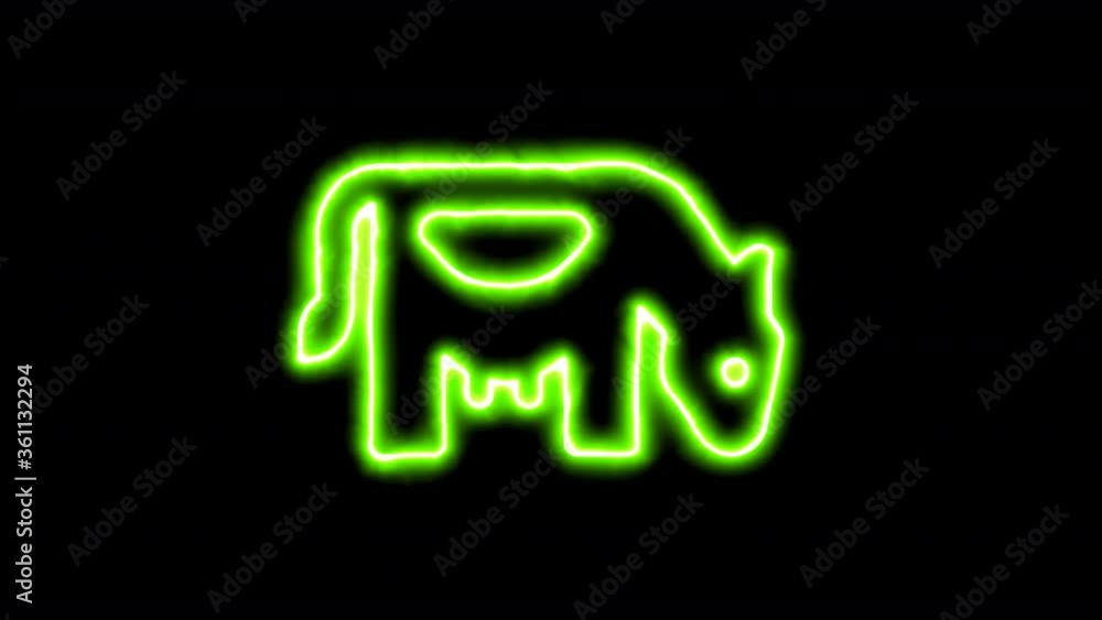 The appearance of the green neon symbol cow. Flicker, In - Out. Alpha channel Premultiplied - Matted with color black The appearance of the green neon symbol cow. Flicker, In - Out. Alpha channel Premultiplied - Matted with color black