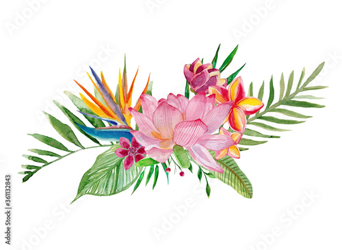 Watercolor wild exotic tropical spring flowers.Colorful bright textile fabric abstract.Invitation post card.
