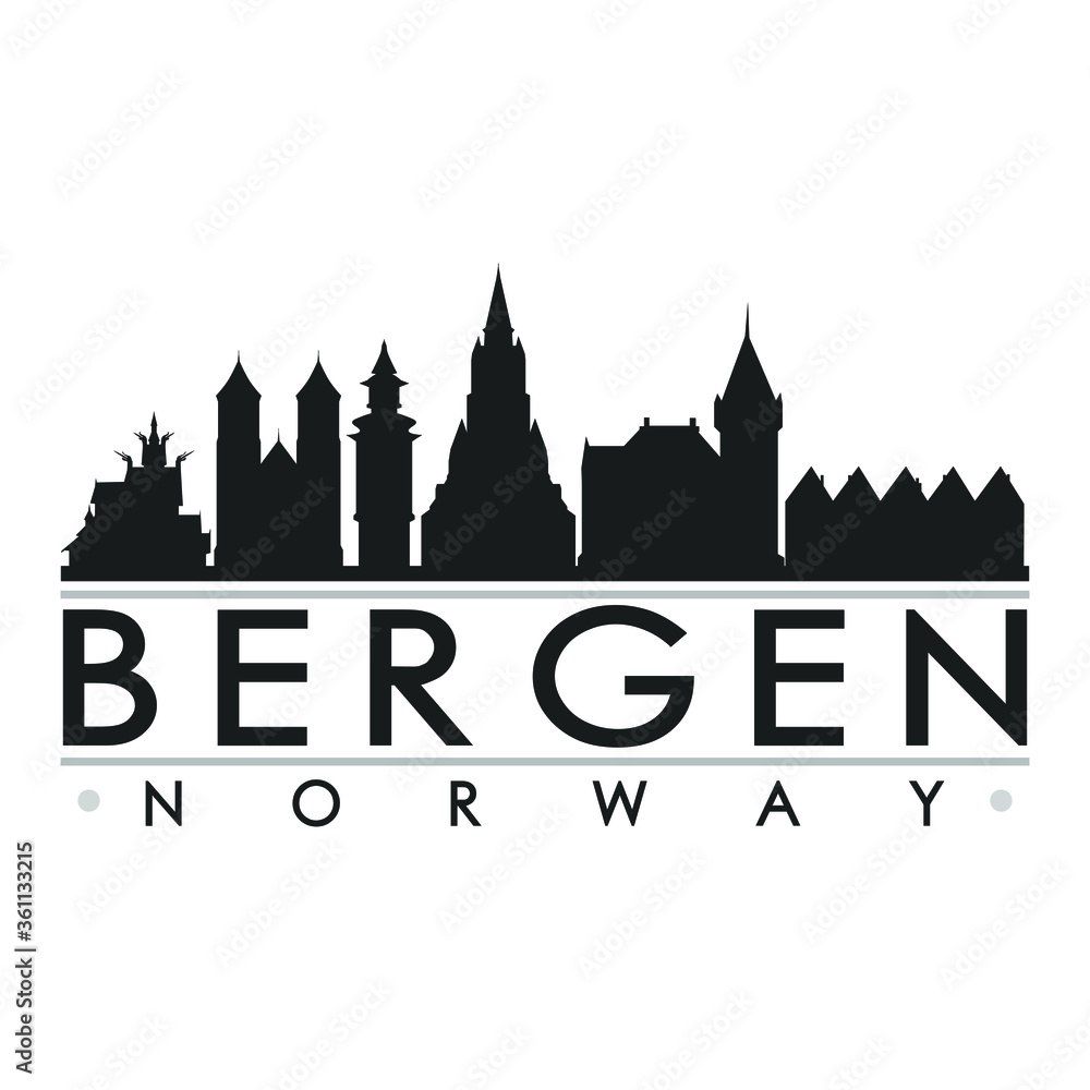Bergen Sweden Europe Skyline Silhouette Design City Vector Art Famous Buildings.
