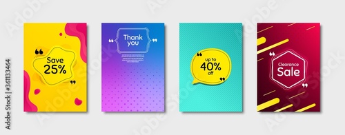 Clearance sale, 40% discount and save 25%. Dynamic cover design. Creative fluid background. Thank you phrase. Sale shopping text. Poster cover template with chat bubble. Vector