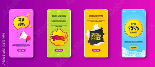 Wow comic bubble badge. Phone screen banner. Discount banner shape. Sale coupon icon. Sale banner on smartphone screen. Mobile phone web template. Wow bubble promotion. Vector