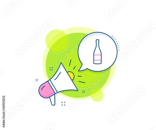 Anniversary alcohol sign. Megaphone promotion complex icon. Champagne bottle line icon. Celebration event drink. Business marketing banner. Champagne bottle sign. Vector