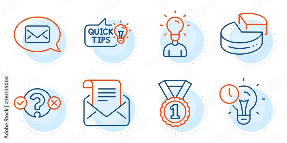 Pie chart, Quiz test and Messenger signs. Best rank, Time management and Mail newsletter line icons set. Education, Education idea symbols. Success medal, Idea lightbulb. Education set. Vector Pie chart, Quiz test and Messenger signs. Best rank, Time management and Mail newsletter line icons set. Education, Education idea symbols. Success medal, Idea lightbulb. Education set. Vector