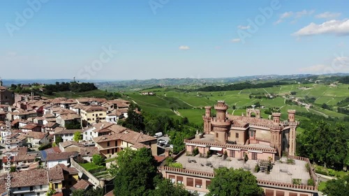 A fly around the beautiful Novello castle in Langhe (Piedmont) slowly revealing the amazing panorama behind this photo