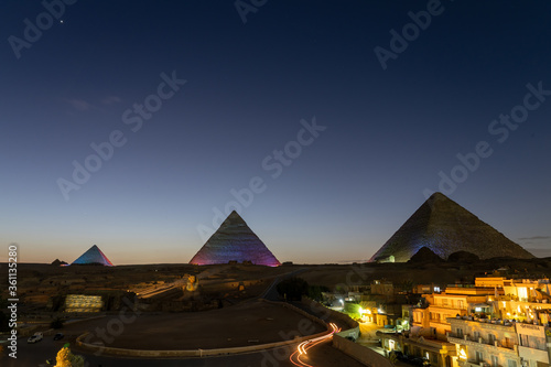 The Great Pyramid of Giza, Cairo, Egypt. The atmosphere during night time during light and sound show.