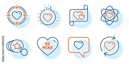 Update relationships, Love message and Valentine target signs. Atom, Hold heart and Love line icons set. Be mine symbol. Electron, Heart. Love set. Outline icons set. Ð¡ircle with dashed line. Vector