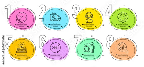 360 degrees, Strategy and Support signs. Timeline steps infographic. Time management, Seo analysis and Loan percent line icons set. Car service, Typewriter symbols. Settings, Targeting chart. Vector