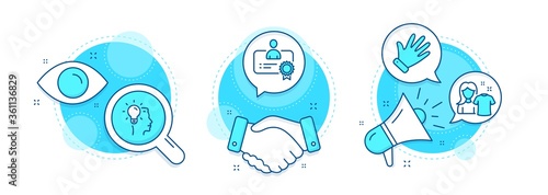 Clean shirt, Certificate and Hand line icons set. Handshake deal, research and promotion complex icons. Idea sign. Laundry t-shirt, Best employee, Waving palm. Professional job. People set. Vector