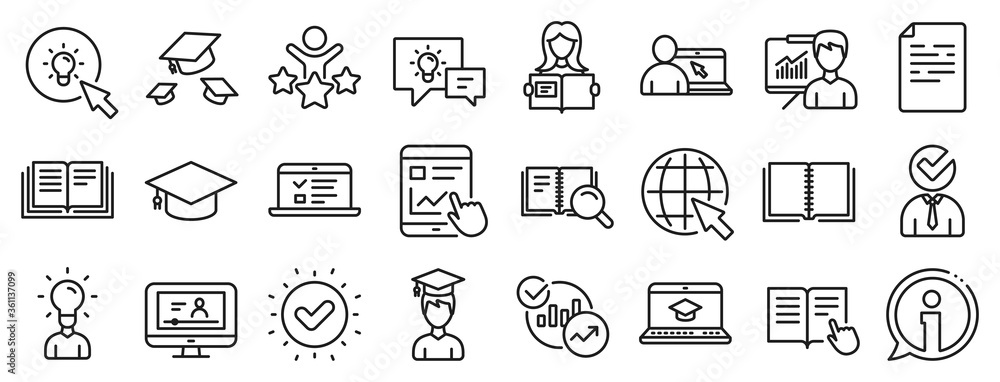 Laptop, Book and Video Tutorial icons. Education line icons. Graduation cap, Instructions and Presentation. College education or Lectures book, Charts and Idea. Laptop, video tutorial. Vector Laptop, Book and Video Tutorial icons. Education line icons. Graduation cap, Instructions and Presentation. College education or Lectures book, Charts and Idea. Laptop, video tutorial. Vector