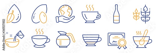Set of Food and drink icons, such as Cappuccino, Coffee cup. Certificate, save planet. Cooking water, Champagne bottle, Tea cup. Coffeepot, Peanut, Water drop. Coffee, Gluten free line icons. Vector