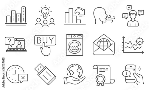 Set of Technology icons, such as Laundry, Conversation messages. Diploma, ideas, save planet. Buying, Seo analysis, Breathing exercise. Call center, Decreasing graph, Usb flash. Vector