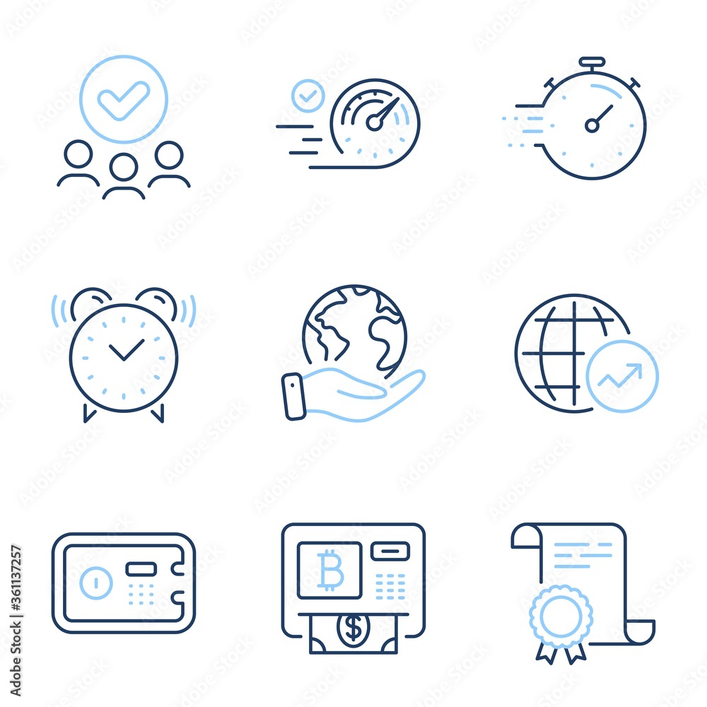 Speedometer, Safe box and Timer line icons set. Diploma certificate, save planet, group of people. World statistics, Bitcoin atm and Alarm clock signs. Vector Speedometer, Safe box and Timer line icons set. Diploma certificate, save planet, group of people. World statistics, Bitcoin atm and Alarm clock signs. Vector