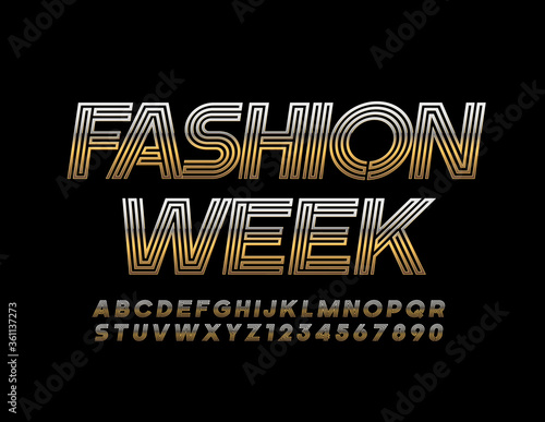 Vector trendy banner Fashion Week with Gold Maze Font. Luxury creative Alphabet Letters and Numbers