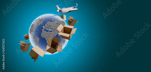 Aerial of cargo ship carrying container and running for export goods from cargo yard port to other ocean concept freight shipping ship and line connection wifi around earth technology .