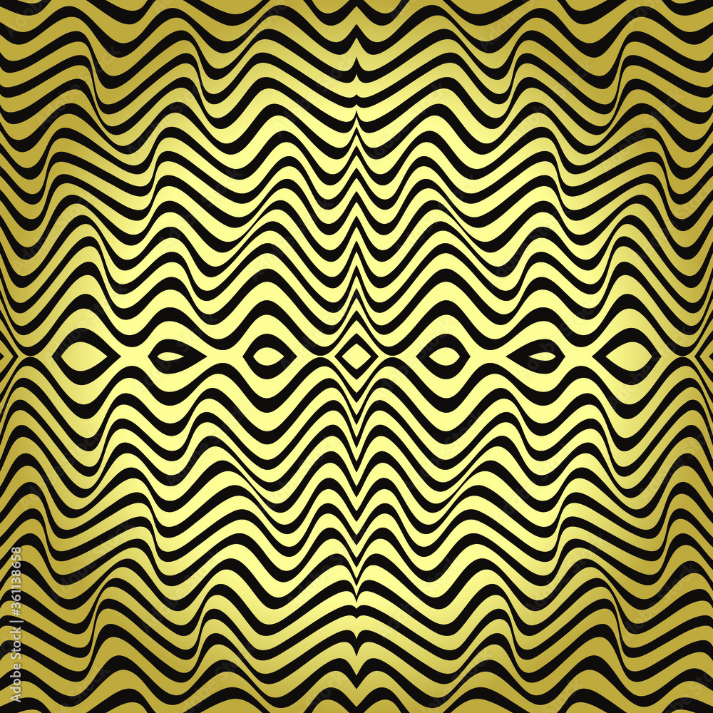 Seamless pattern in op art style with abstract golden stripes, modern background for your design.