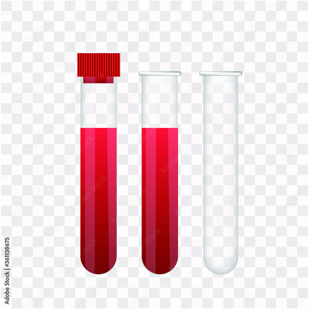 Vector illustration test tubes, laboratory glassware isolated on transparent background. Test tubes filled with blood. Empty and closed template. Vector illustration test tubes, laboratory glassware isolated on transparent background. Test tubes filled with blood. Empty and closed template.
