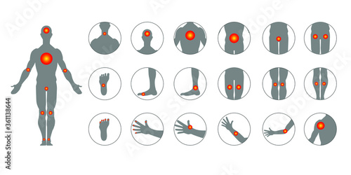 body pain, injury icon set, anatomy silhouette. Point body design. Sore throat, headache, heartache, heartburn. Medical treatment concept. Infographics