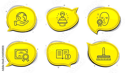 Face verified sign. Diploma certificate, save planet chat bubbles. Facts, Cleaning mop and Brand ambassador line icons set. Important information, Sweep a floor, Man speak. Access granted. Vector