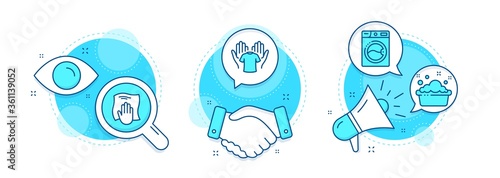 Washing machine, Hand washing and Hold t-shirt line icons set. Handshake deal, research and promotion complex icons. Laundry, Laundry basin, Wipe with a rag. Cleaning set. Vector
