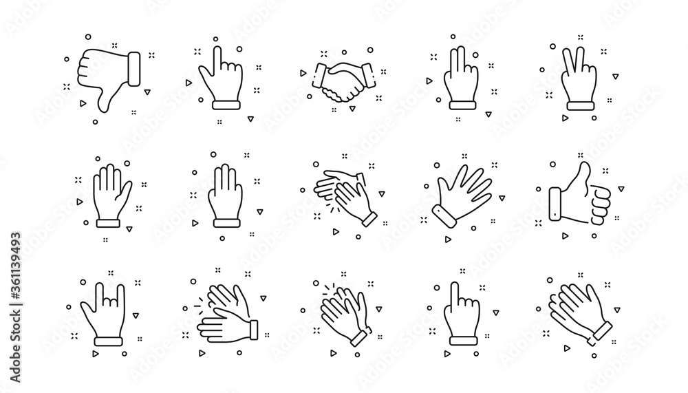 Obraz premium Handshake, Clapping hands, Victory. Hand gestures line icons. Horns, Thumb up finger, drag and drop icons. Donation hand gestures, click, helping hand. Linear set. Geometric elements. Vector
