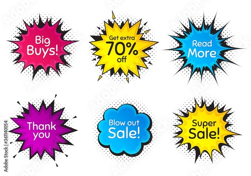 Super sale, 70% discount and read more. Comic speech bubble. Thank you, hi and yeah phrases. Sale shopping text. Chat messages with phrases. Colorful texting comic speech bubble. Vector