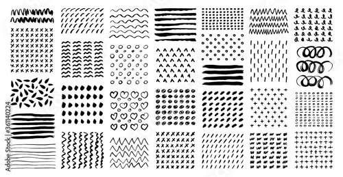 A large set of hand-drawn patterns. Materials - ink, watercolor, pencil, felt-tip pen. Abstract spots, dashes, dots, circles, crosses and waves on a white background.