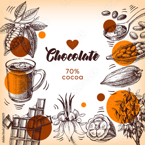 Hand drawn sketch cocoa chocolate product background. Vintage vector illustration of natural healthy sweet food