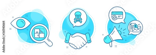 Change card, Accounting report and Puzzle line icons set. Handshake deal, research and promotion complex icons. Chemical hazard sign. Payment method, Check finance, Engineering strategy. Vector