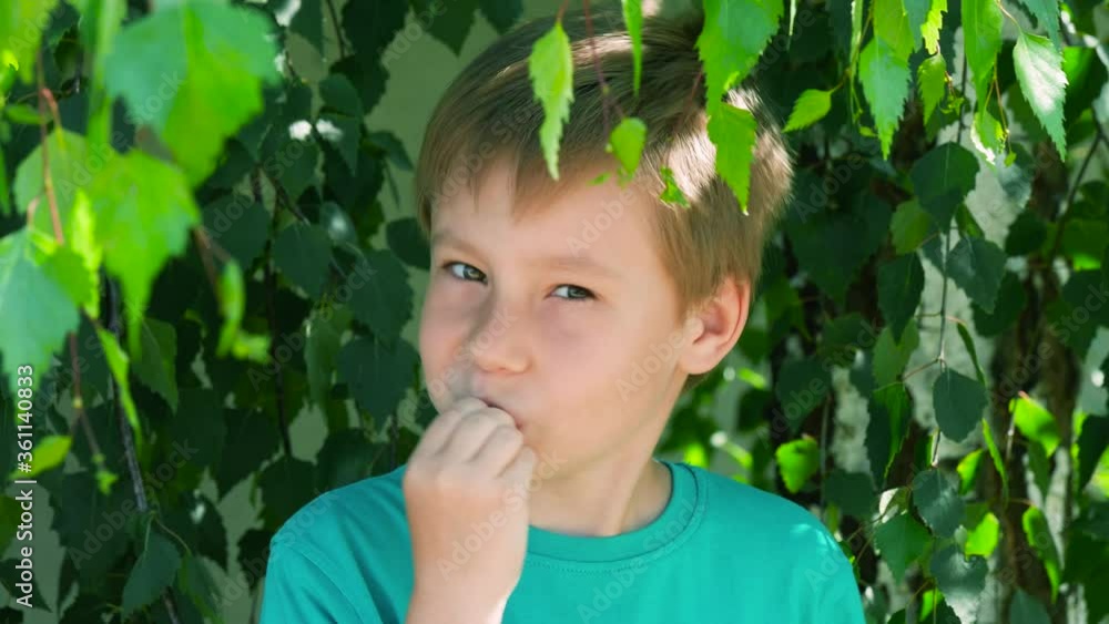 Child Eats Strawberry Outdoors. Fun And Fast Eating Berry. Happy Childhood and Organic Products Child Eats Strawberry Outdoors. Fun And Fast Eating Berry. Happy Childhood and Organic Products