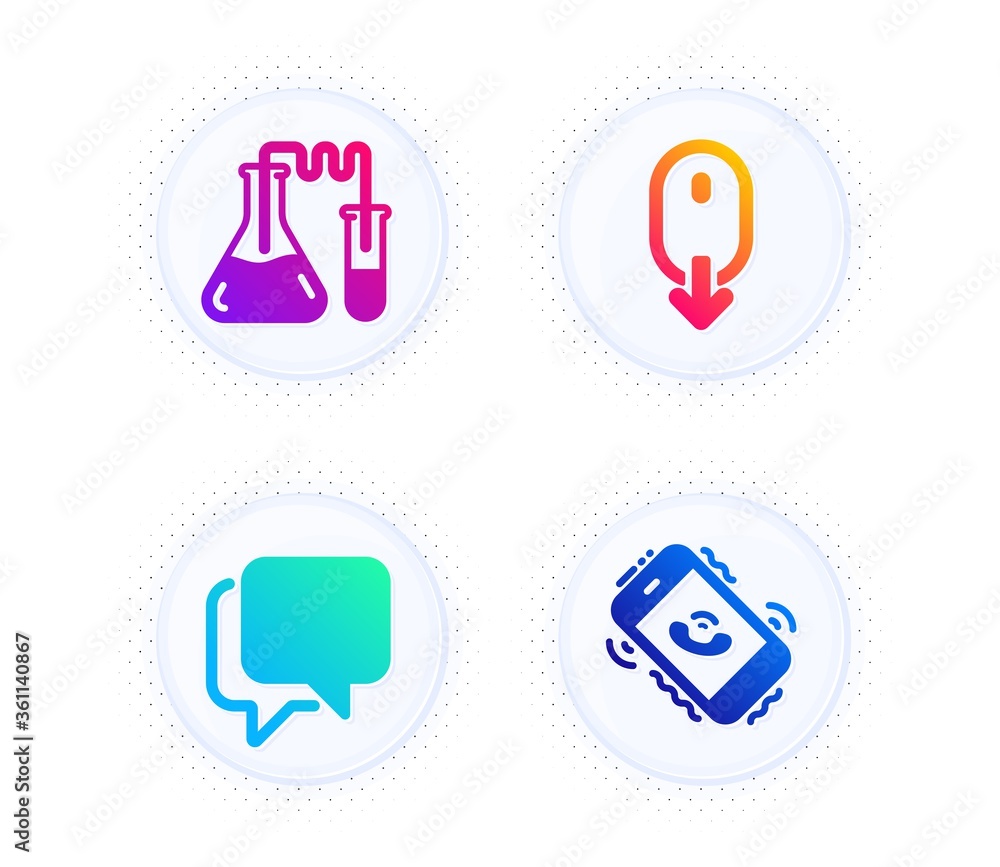 Talk bubble, Scroll down and Chemistry lab icons simple set. Button with halftone dots. Call center sign. Chat message, Mouse swipe, Medical laboratory. Phone support. Technology set. Vector Talk bubble, Scroll down and Chemistry lab icons simple set. Button with halftone dots. Call center sign. Chat message, Mouse swipe, Medical laboratory. Phone support. Technology set. Vector
