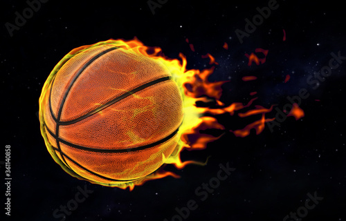Fiery basketball flying against the black sky. 3D illustration. © Lena_graphics