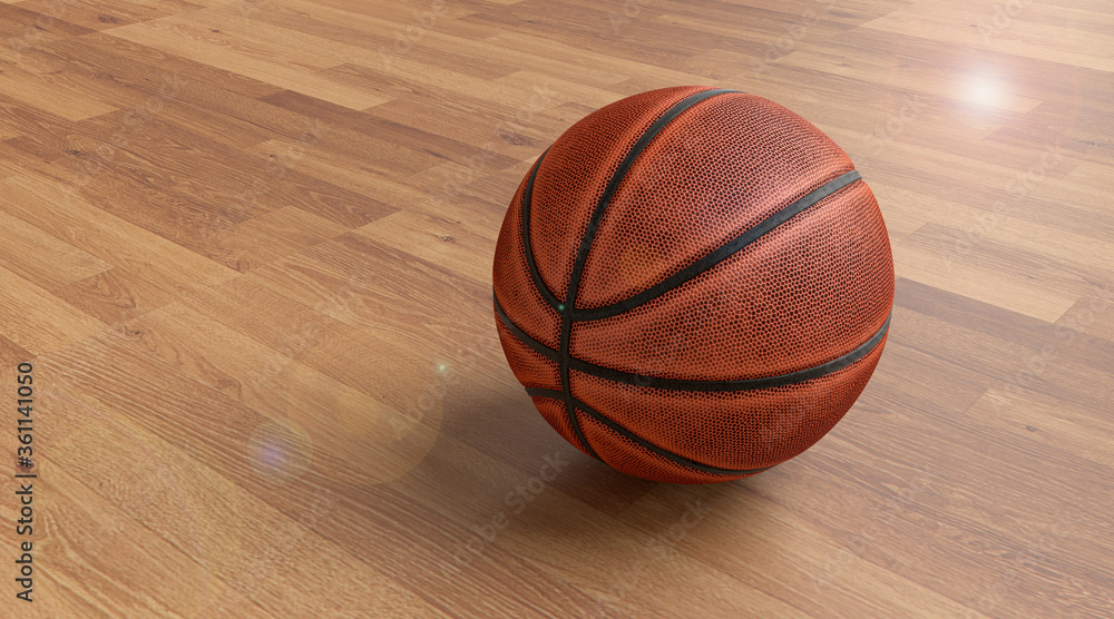 Old basketball on the hardwood floor in the hall. 3D illustration. Old basketball on the hardwood floor in the hall. 3D illustration.