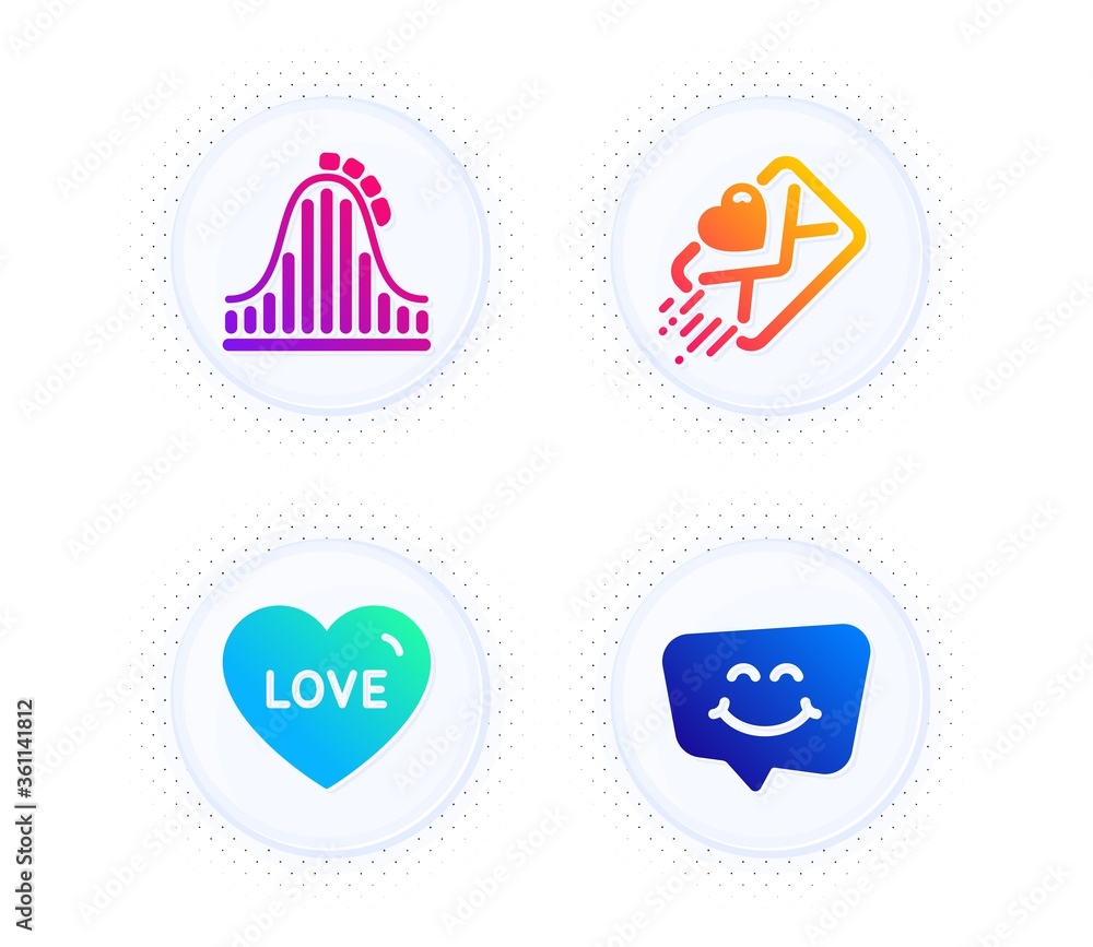 Roller coaster, Love and Love letter icons simple set. Button with halftone dots. Smile chat sign. Attraction park, Sweetheart, Heart. Happy face. Holidays set. Vector Roller coaster, Love and Love letter icons simple set. Button with halftone dots. Smile chat sign. Attraction park, Sweetheart, Heart. Happy face. Holidays set. Vector