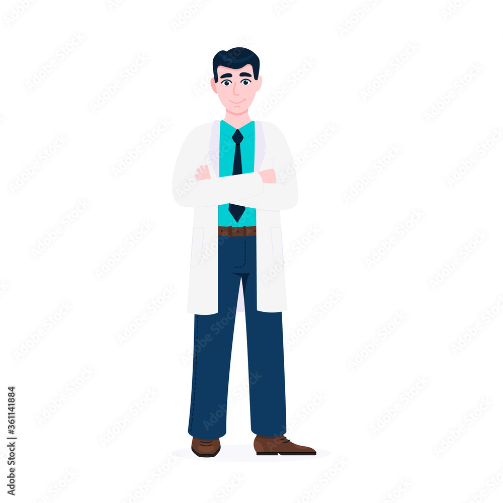 Doctor standing and hold crossing his hands flat style design vector illustration isolated on white background. Medical center hospital employee.