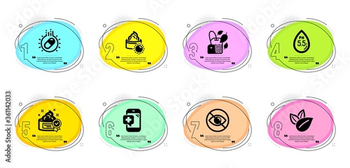 Cream, Sun cream and Not looking signs. Timeline infographic. Medical phone, Ph neutral and Organic product line icons set. Capsule pill, Mint bag symbols. Mobile medicine, Water. Vector