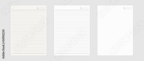 Notebook paper set. Sheet of lined paper template. Mockup isolated. Template design. Realistic vector illustration.
