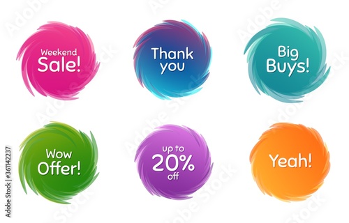 Swirl motion circles. Weekend sale, 20% discount and wow offer. Thank you phrase. Sale shopping text. Twisting bubbles with phrases. Spiral texting boxes. Big buys slogan. Vector