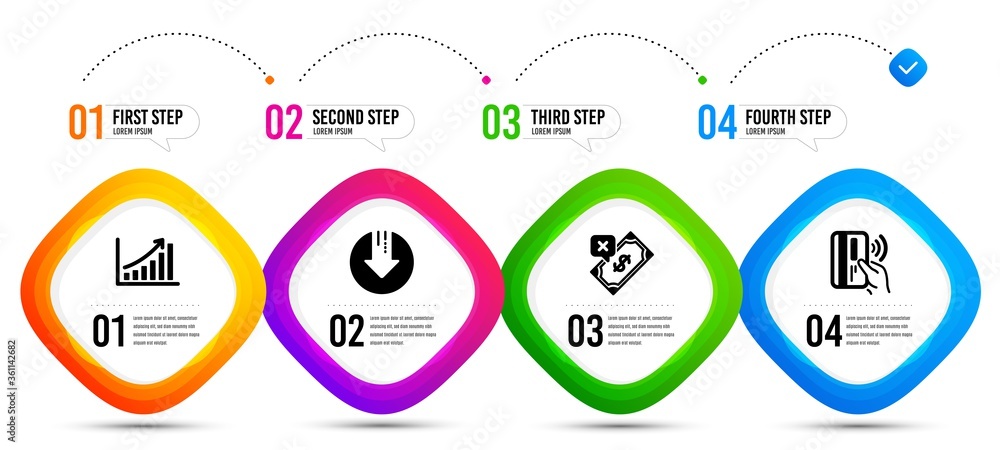 Rejected payment, Contactless payment and Graph chart icons simple set. Timeline infographic. Download arrow sign. Bank transfer, Bank money, Growth report. Crisis. Finance set. Vector Rejected payment, Contactless payment and Graph chart icons simple set. Timeline infographic. Download arrow sign. Bank transfer, Bank money, Growth report. Crisis. Finance set. Vector