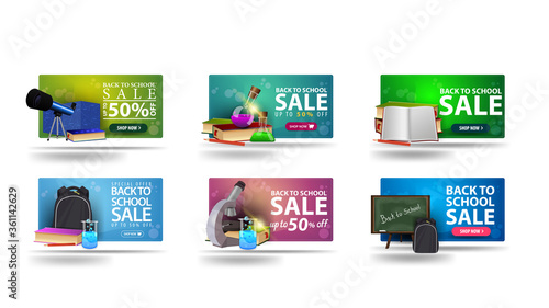 Back to school sale, up to 50% off, large collection 3D discount banners for your business with school supplies