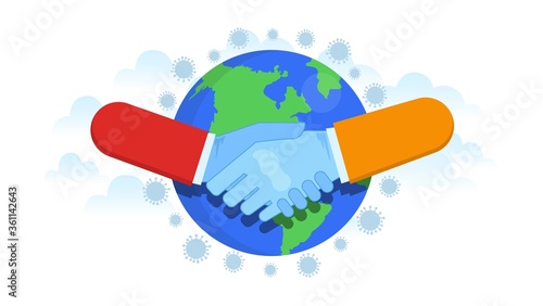 Shaking hands with protective gloves coronavirus, help, successful partnership and cooperation. Conclusion of an agreement.