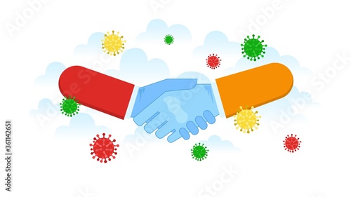 Shaking hands with protective gloves coronavirus, help, successful partnership and cooperation. Conclusion of an agreement.
