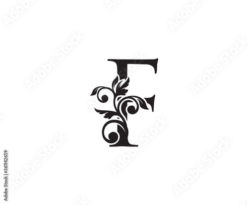 Vintage Letter F Logo. Classic F Letter Design Vector with Black Color and Floral Hand Drawn.