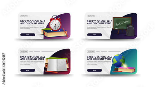 Back to school sale and discount week, large collection white discount banners for your business with buttons, abstract shapes and school supplies