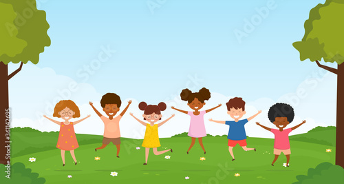 Group of happy jumping children. Little kids having fun together in nature. Funny cartoon character. Vector illustration.
