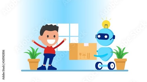 Modern Robot Courier Artificial Intelligence Technology. Online delivery. Buy home, get your package, Delivery.